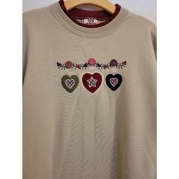 VNT unisex embroidered tan and red sweater top stitch size large with sewn butto - Picture 4 of 7